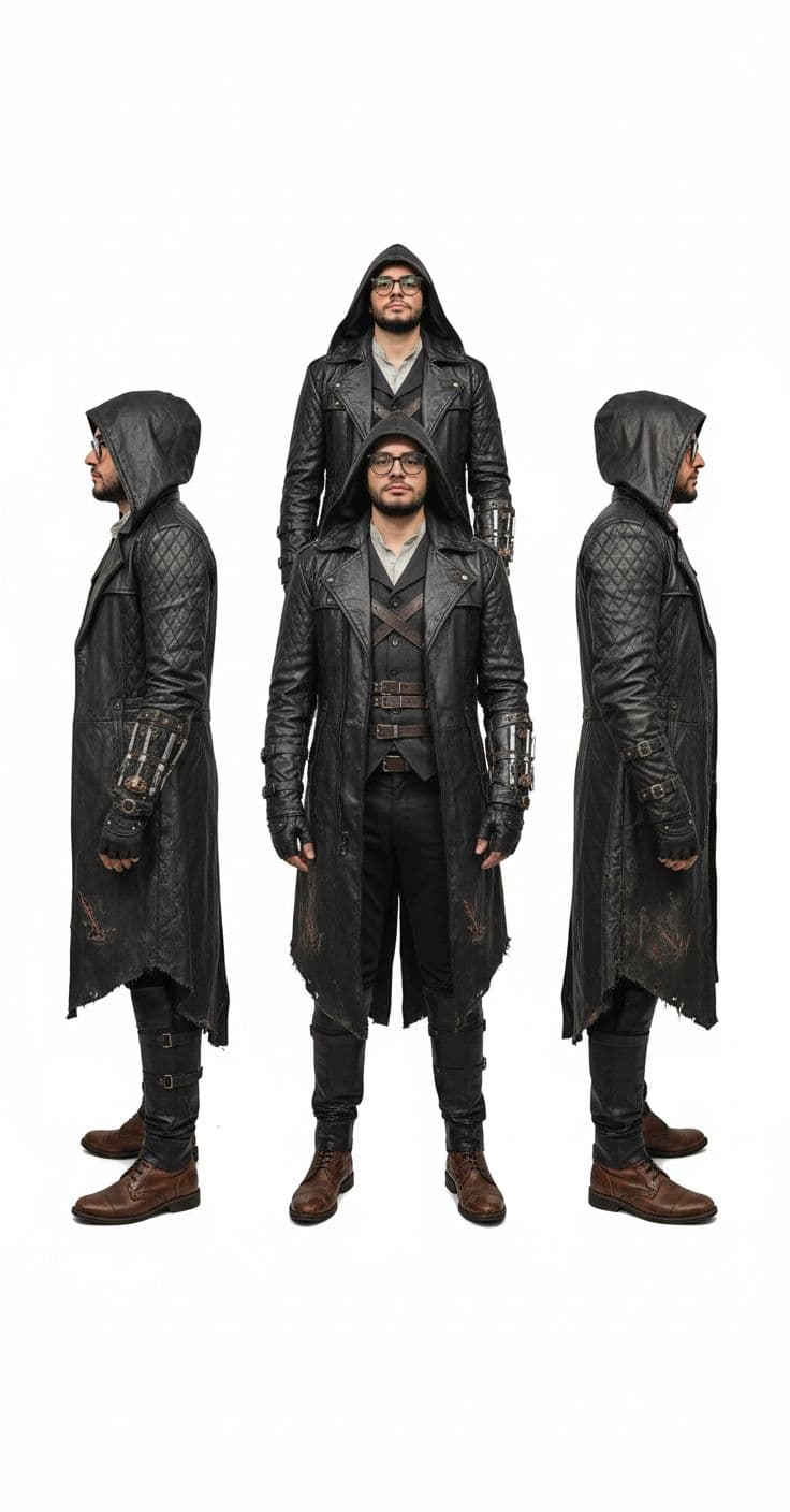 AI generated: Four full-length profiles of a gender-neutral young man, wearing leather shoes and realistic Nordic ...