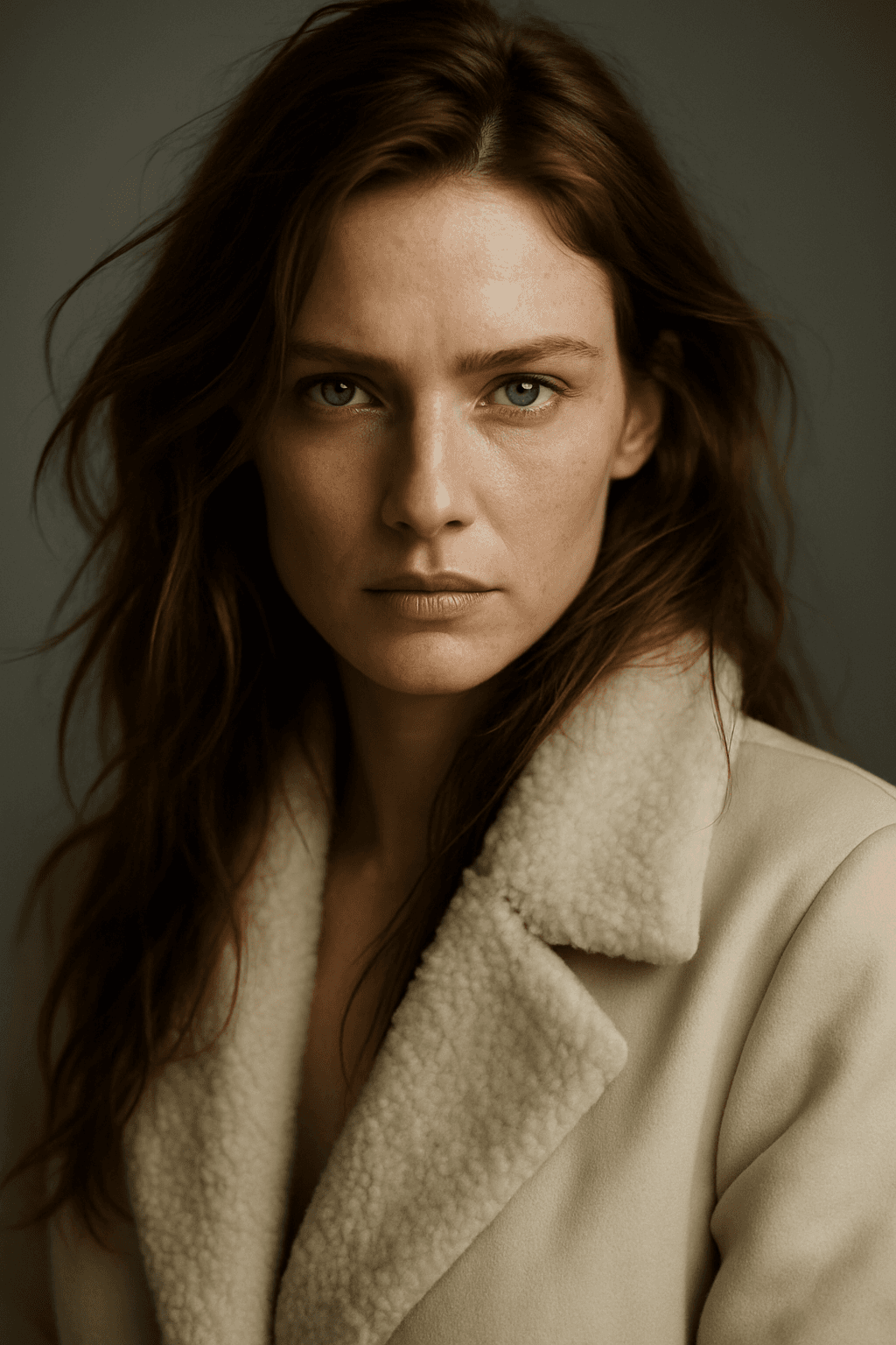 AI generated: A cinematic close-up portrait of a confident woman with long, tousled reddish-brown hair and piercin...