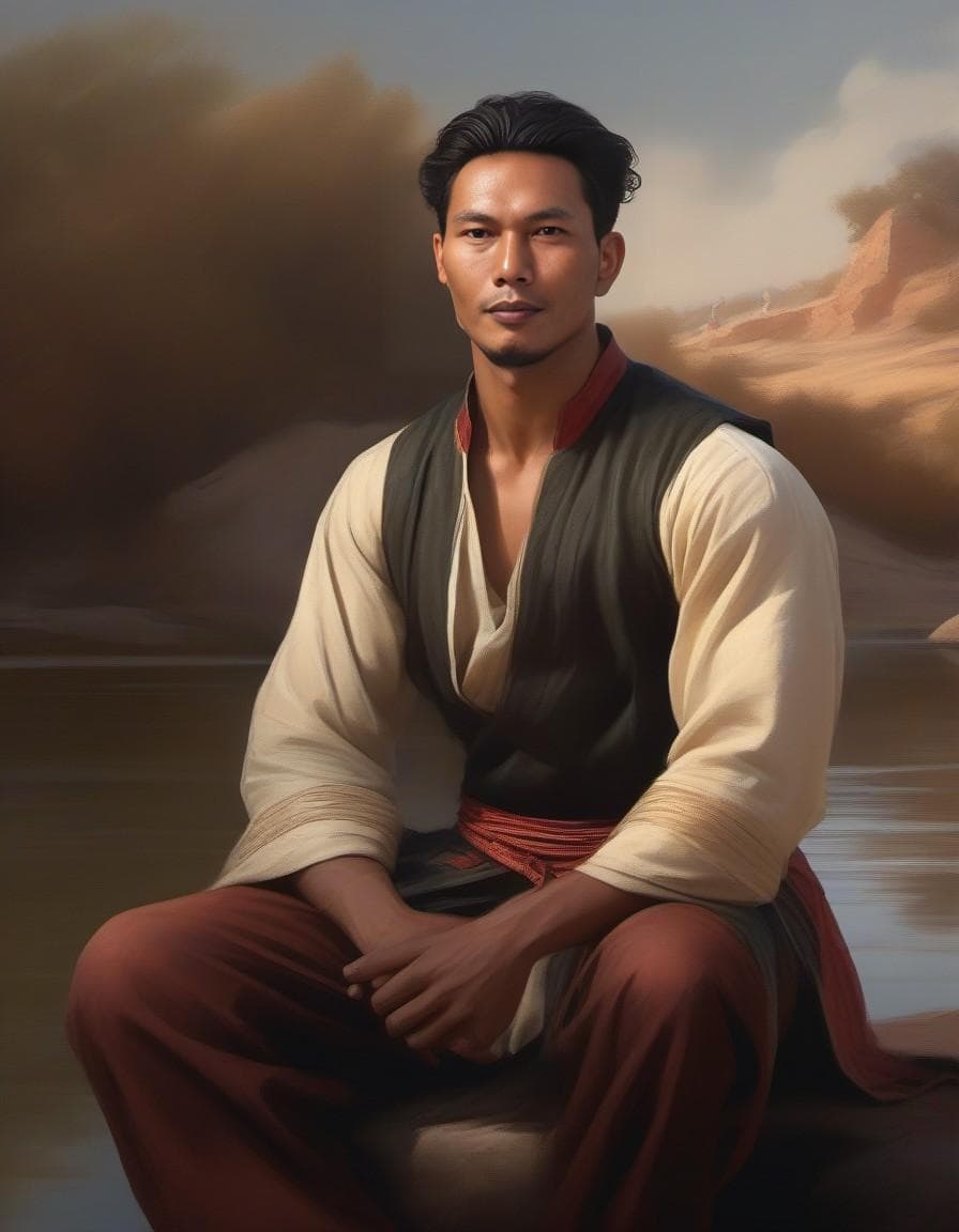 AI generated: close up of 1 man, handsome, of Moroccan descent, fighter sitting by a river, at sunrise, beautiful ...