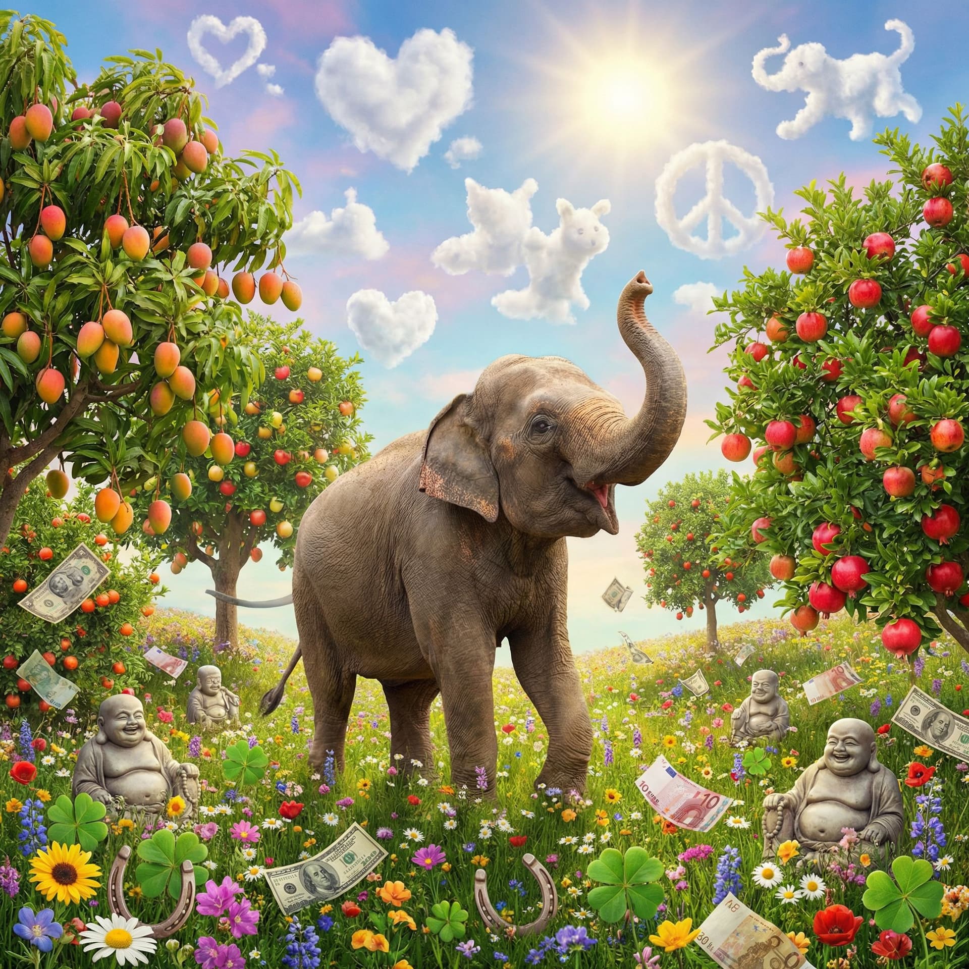 AI generated: An elephant with its trunk raised stands in a bright field where all kinds of lucky symbols and bank...