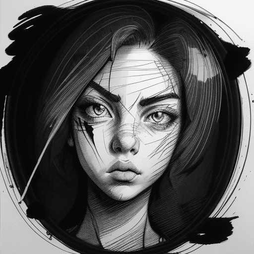 AI generated: Scratchy pen strokes, blind contour, fisheye perspective closeup, beautiful girl, s face in darkness...
