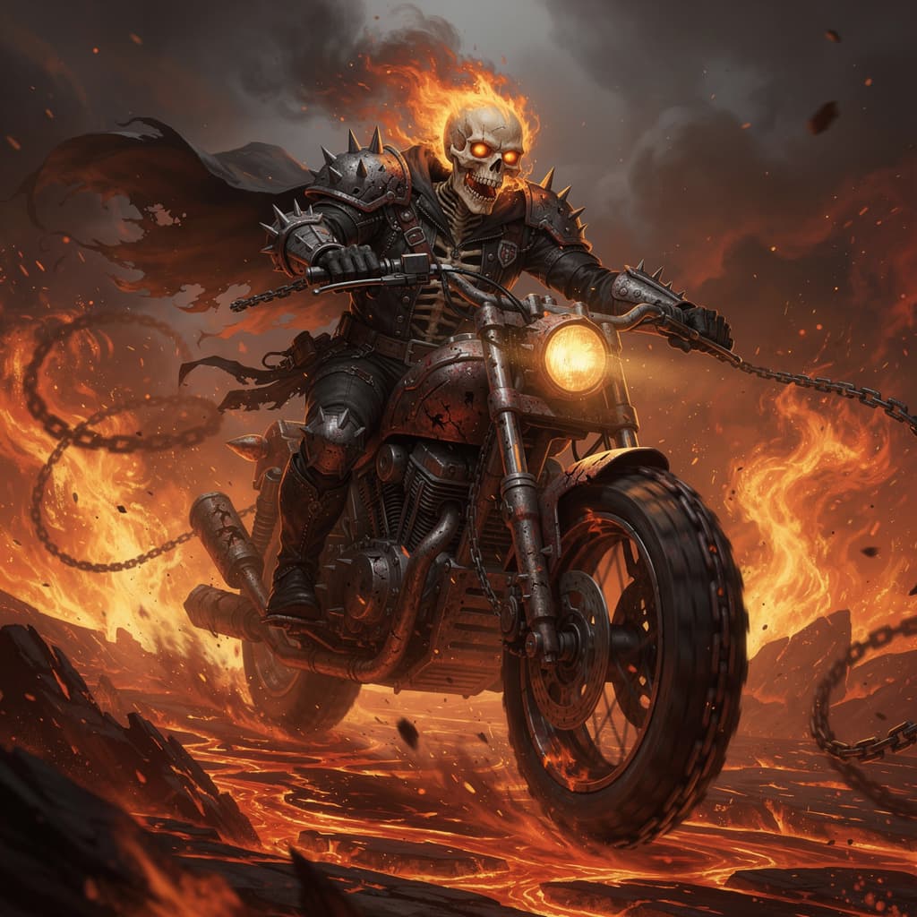 AI generated: avenging skull motorcyclist, dark fantasy, intense and fierce facial expression, flying in the middl...