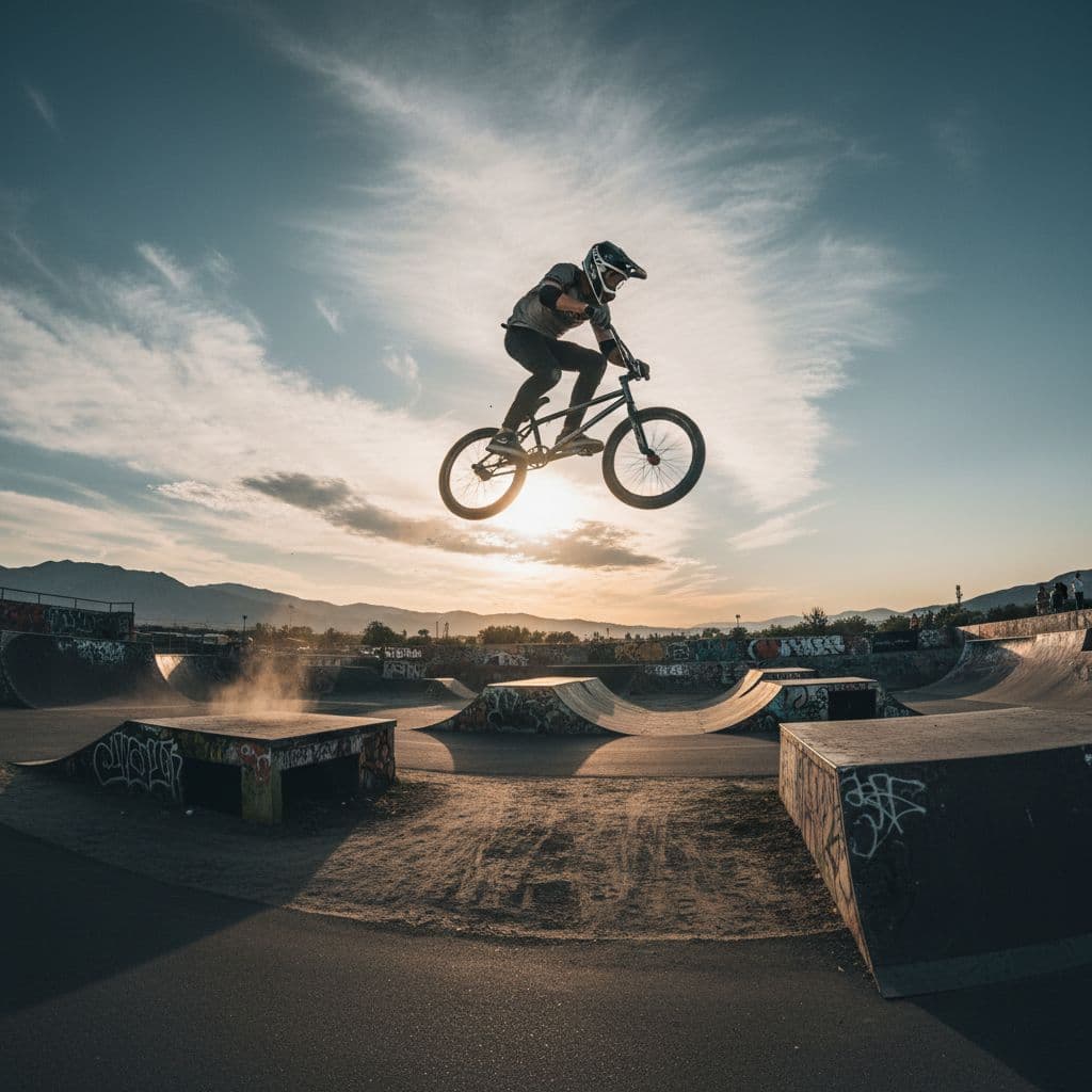 AI generated: photography, sports shooting, dynamic range, in the X-game park, dynamic motion with professional BM...