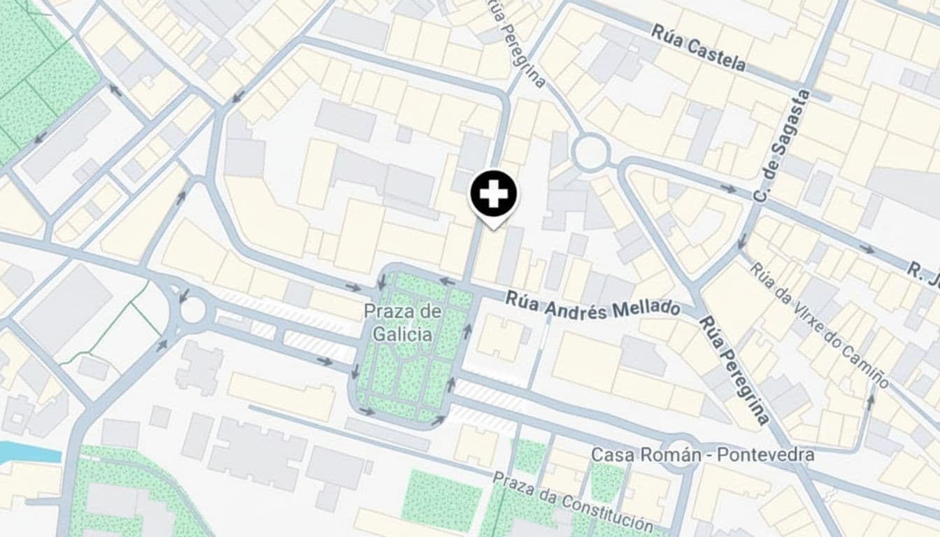 AI generated: It should show a hospital cross instead of O Sanatorio and it should show green spaces and the stree...