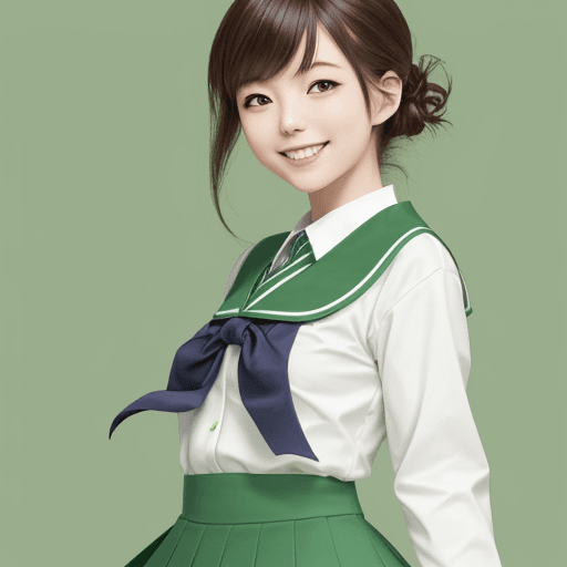 AI generated: hiromitsu takeda style model , in school dress,smile , green background 
