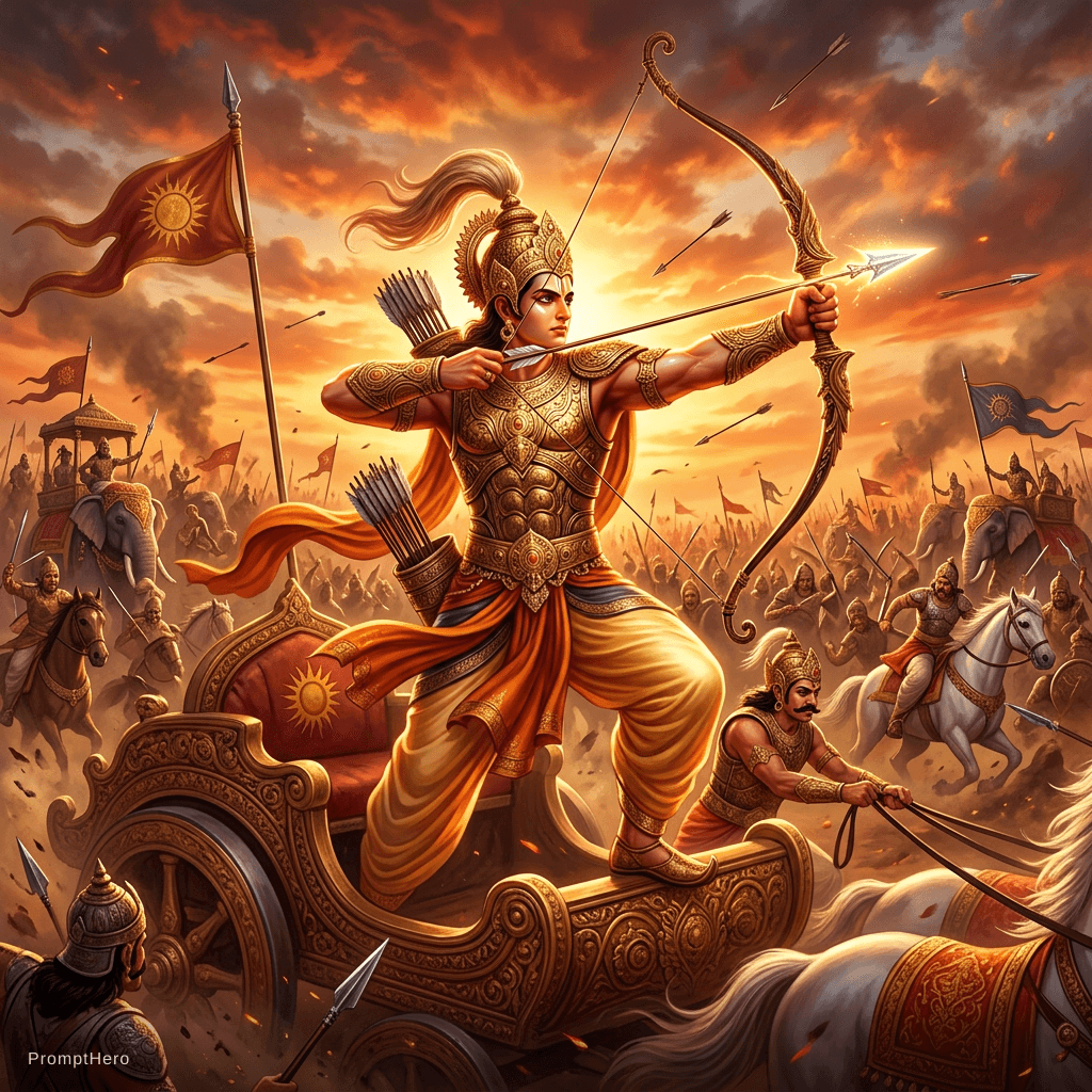 AI generated: Create a image of suryaputra karn in the battlefield of kurukshetra fighting 