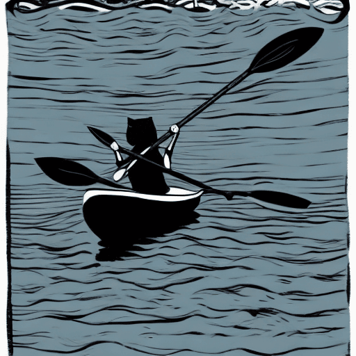 AI generated: kayak, inside behind the rower is a man (silhouette), in the front inside a girl and a black cat, th...