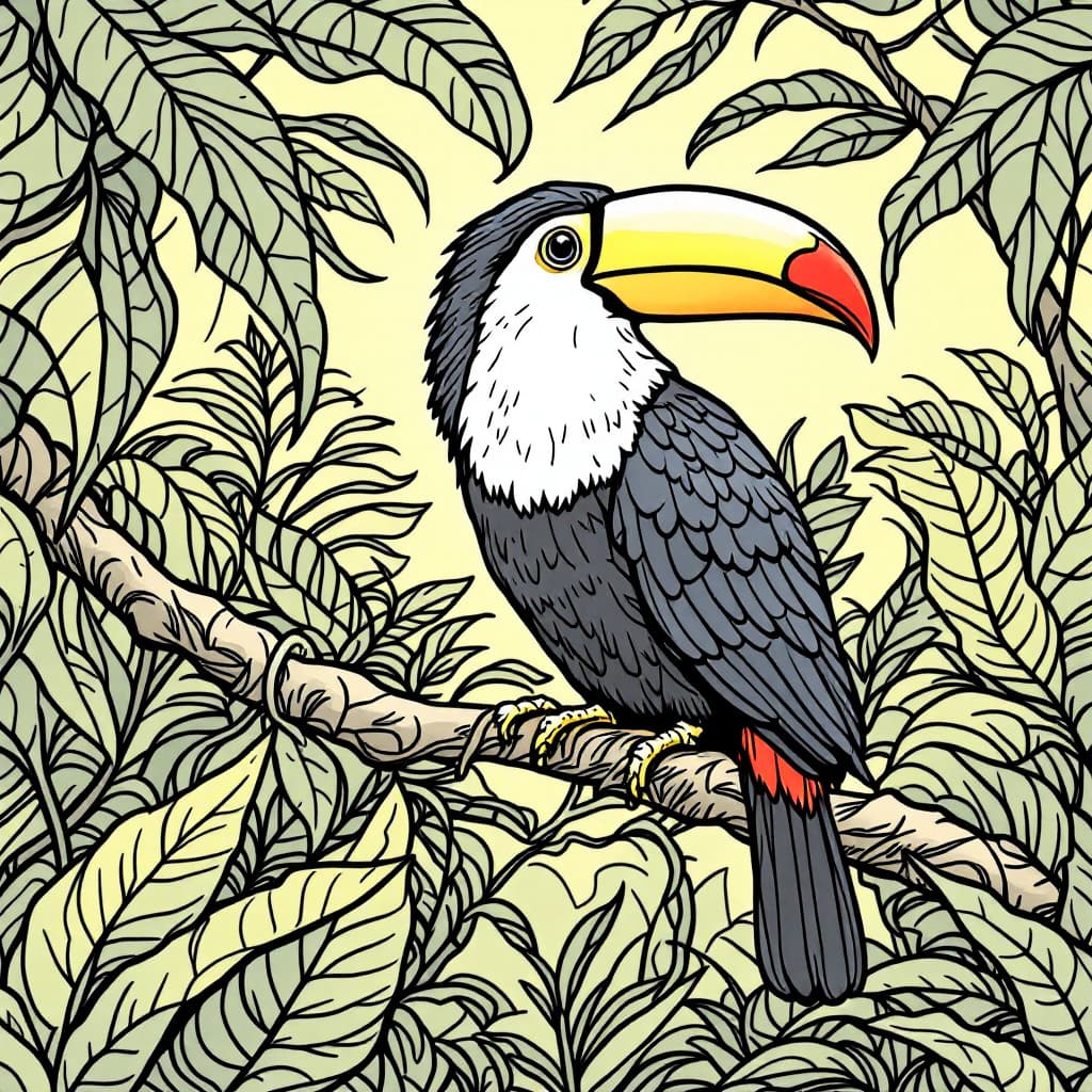 AI generated: Coloring book page,A toucan sitting on a vine in the rainforest