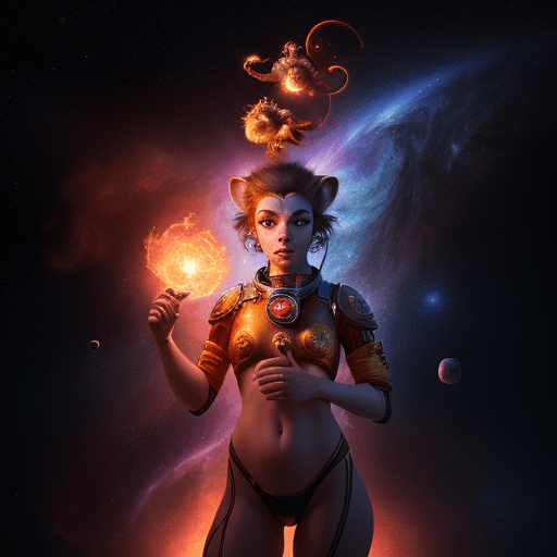 AI generated: high resolution cinematic portrait of a beautiful cute anthropomorphic female space monkey fire arti...