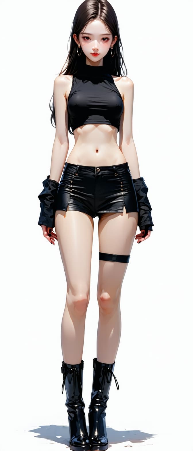 AI generated: Full body image of a beautiful anime woman with perfect body shape in black sleeveless crop top, det...