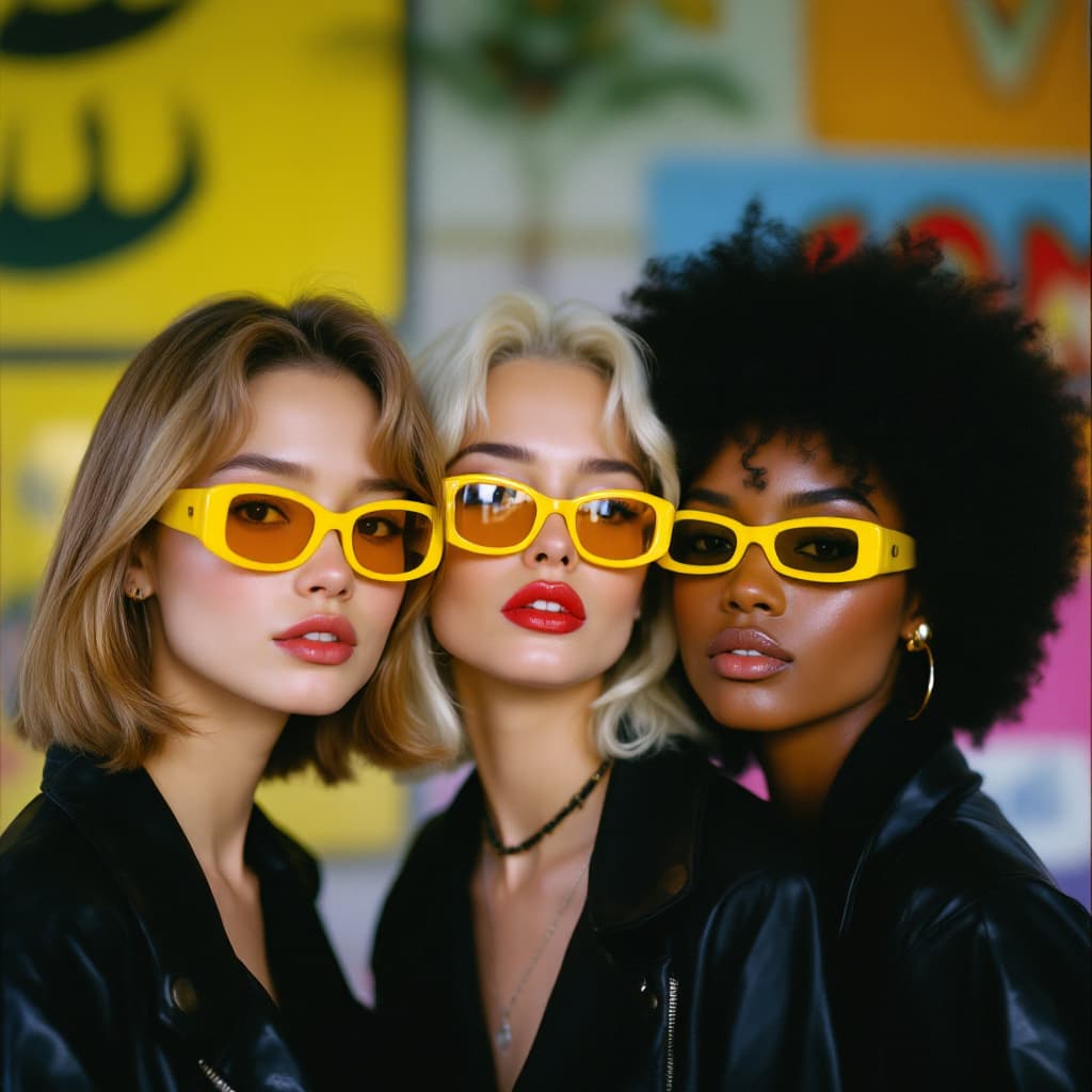 AI generated: 
three women, one asian one white and one black with yellow sunglasses and a black jacket, in the st...
