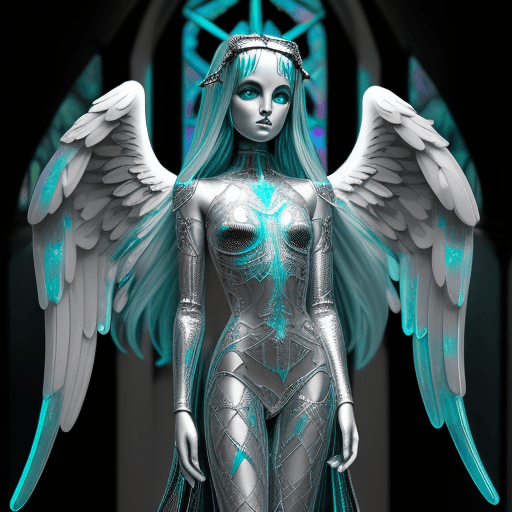 AI generated: Angel in HoloGothic style, featuring silver and teal holographic gothic arches and figures --style r...