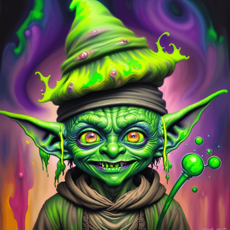 AI generated: Mistic goblin looks like Yoda with a hat in psychedelic mode, hat details, made entirely with profes...