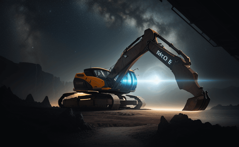 AI generated: 
Hyperrealistic exterior photography at eye level of a futuristic excavator with a landscape of oute...