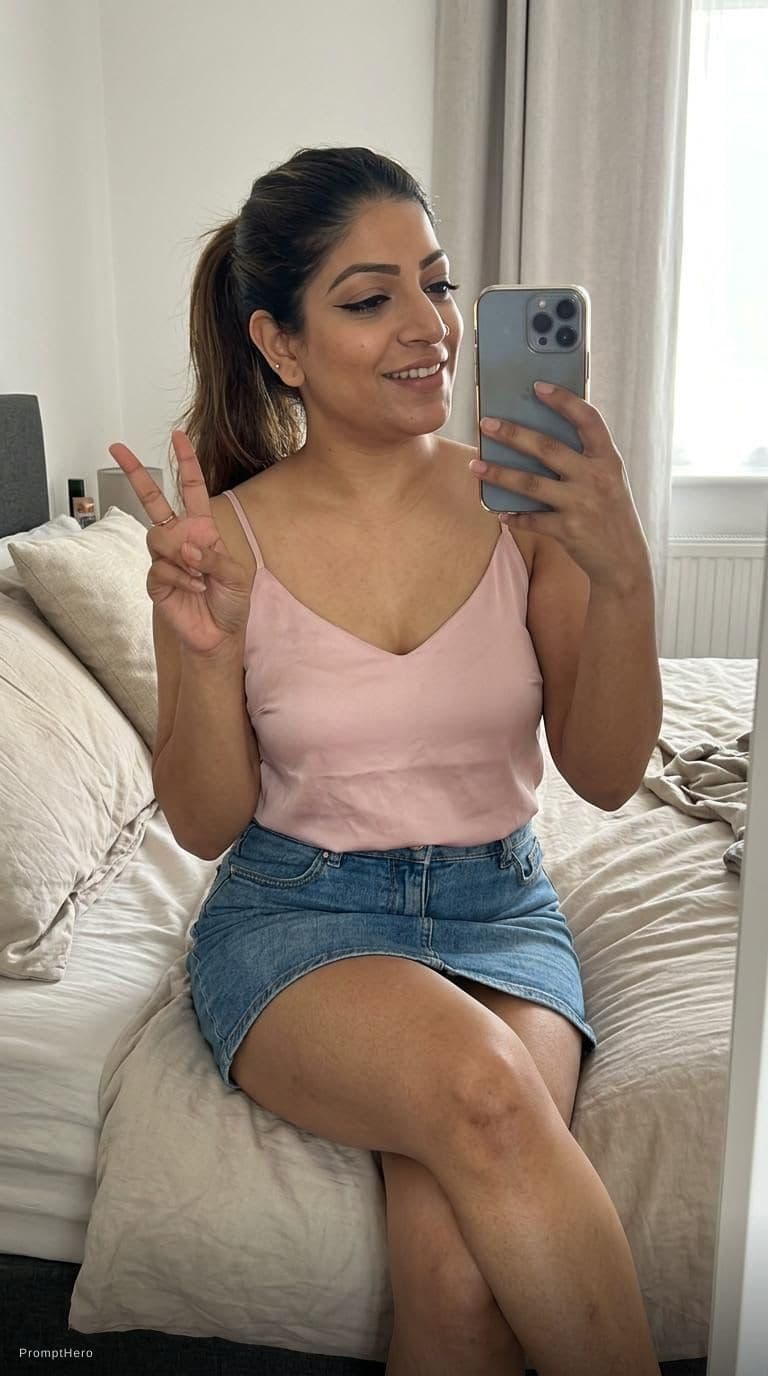 AI generated: Sitting on a bed taking a mirror selfie, doing hand peace sign, ponytail hairstyle, almost no makeup...