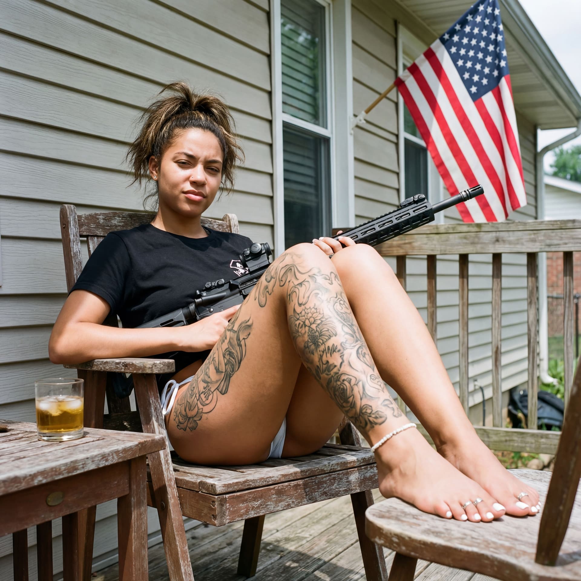 AI generated: Gorgeous young woman, mixed race Caucasian, full body shot, cute bare feet, white pedicure, white an...