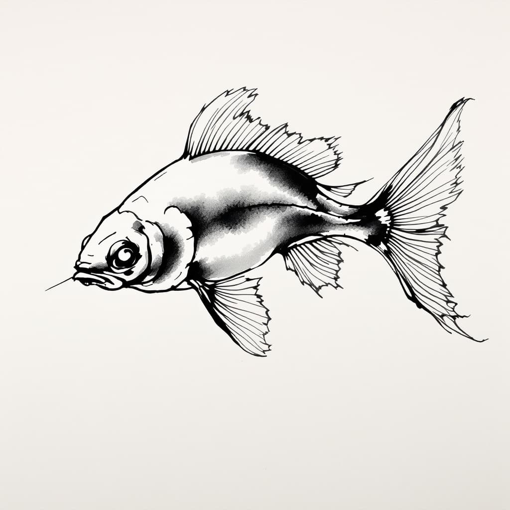 AI generated: ink drawing, fish, sumi-e style on paper texture, monochromatic calligraphicfine lined, curved tail,...
