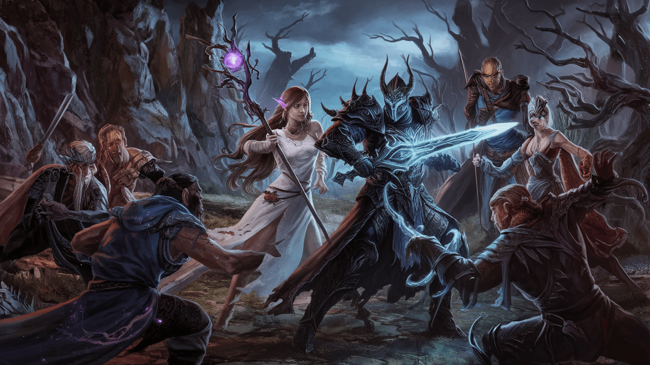 AI generated: A fantasy battle scene with seven characters, including a woman with long brown hair and a white dre...