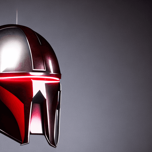 AI generated: Red mandalorian helmet with jaged eye markings, dramatic light, cinematic lighting, battered, low an...