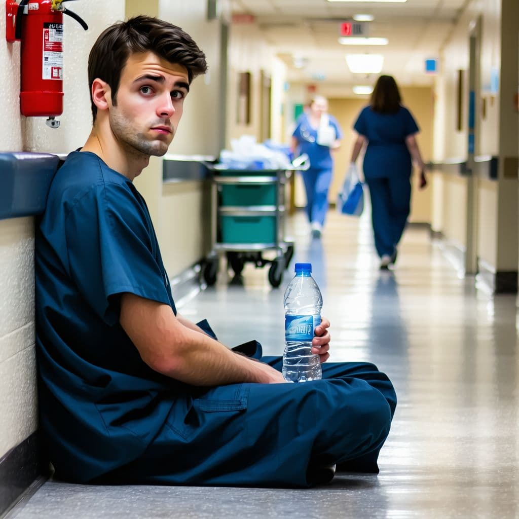 AI generated: A young man, likely a medical professional, sits slumped in a hospital hallway.  Photorealistic.  He...