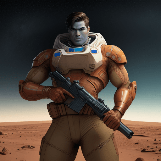AI generated: big masculine hero on mars with gun
