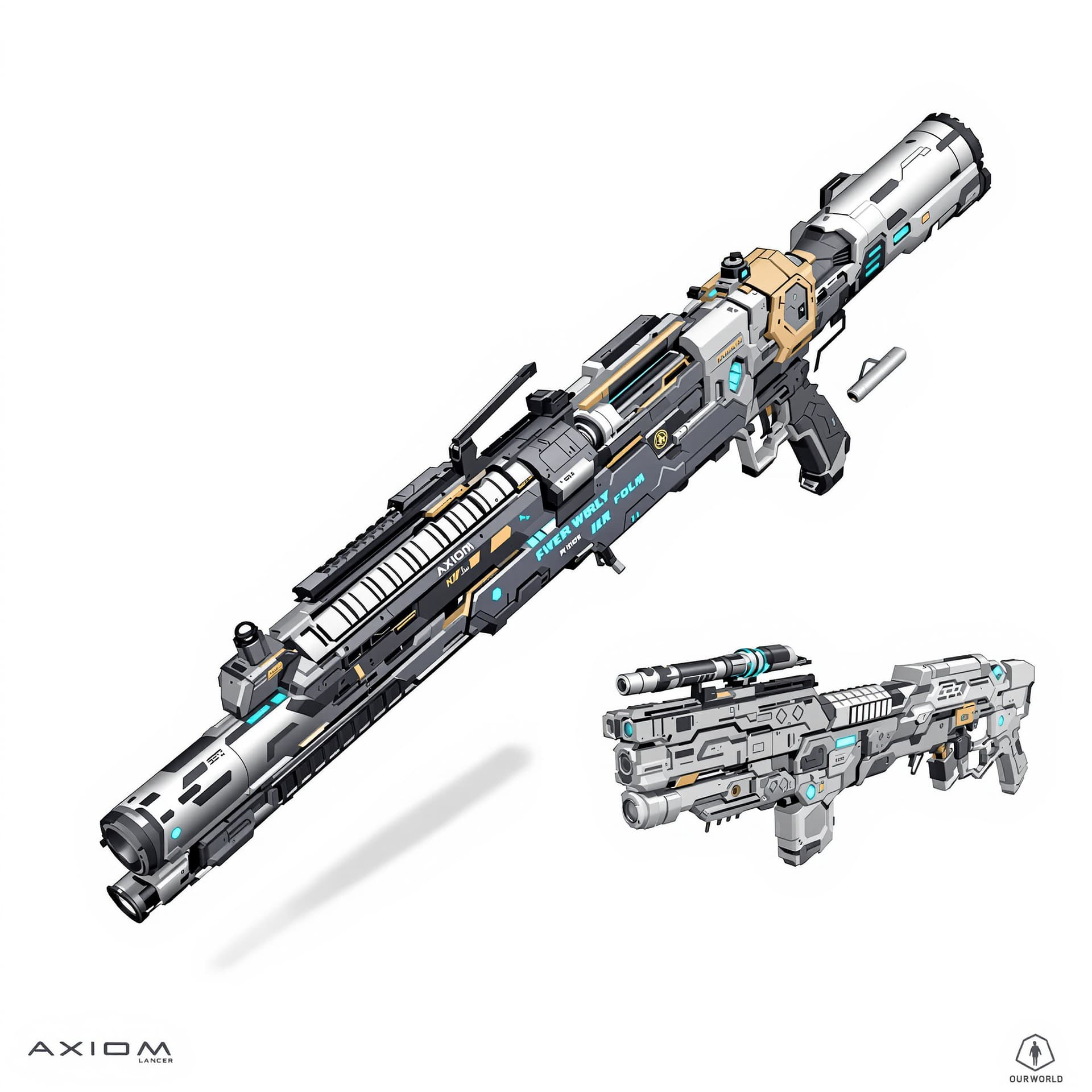AI generated: Create a fictional, bulky barrel design alien space weapon for Our’World. Render Axiom Lancer rifle:...