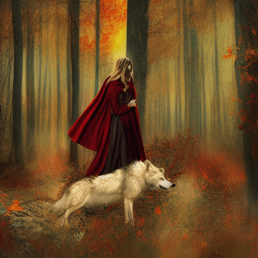 AI generated: The Girl in the Red Cloak with the Wolf in the Dark Forest detailed digital painting, a photorealist...