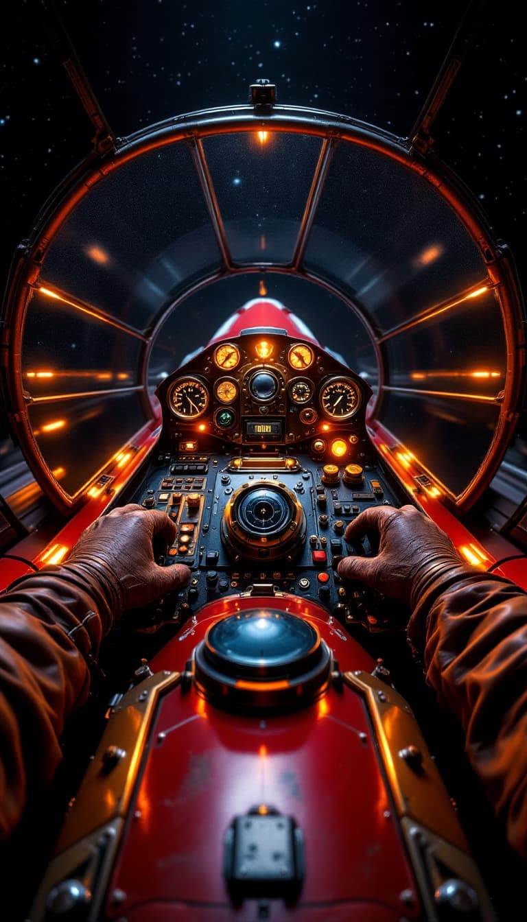 AI generated: First-person POV from the cockpit of a small steampunk-inspired spacecraft, reminiscent of an X-Wing...