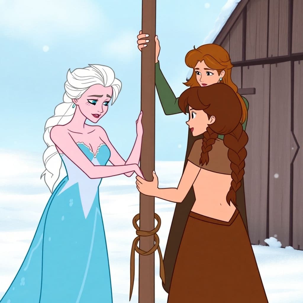 AI generated: Disney style cartoon, Elsa from frozen getting whipped by Anna her sister, both characters nude, Ann...
