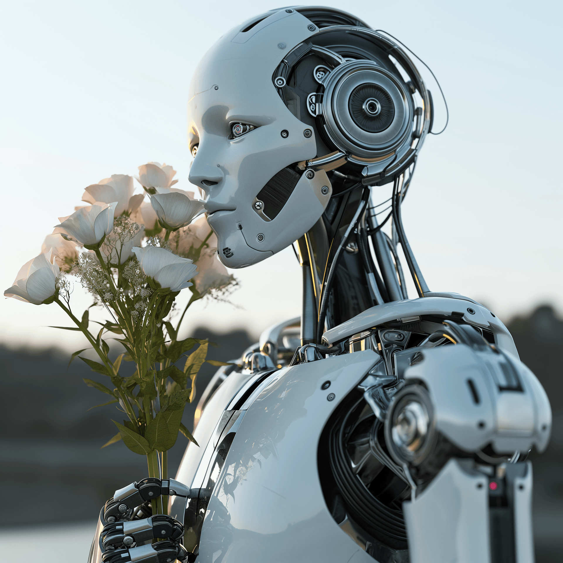 AI generated: ultrarealistic robot holding flowers --style raw