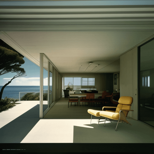 AI generated: Hyper realistic eye level exterior photo of a mid century modern style house overlooking the ocean, ...