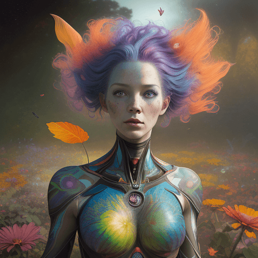 AI generated: beautiful angle view of Species woman individual from another planet with multicolored hair, beautif...