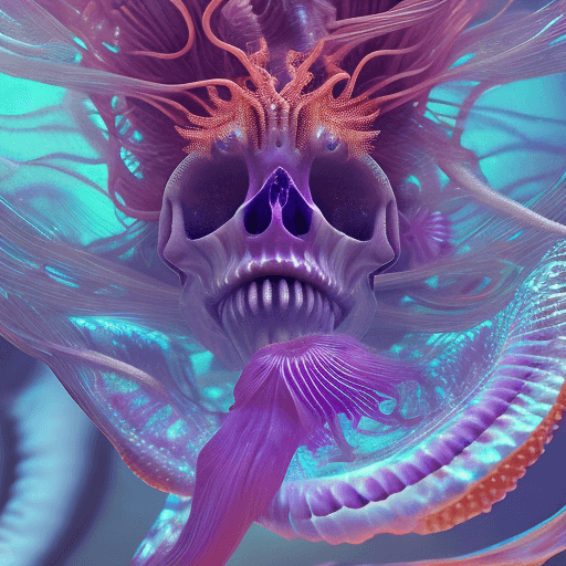 AI generated: Goddess close-up portrait ribcagel. jellyfish phoenix head, nautilus, orchid, skull, betta fish, bio...