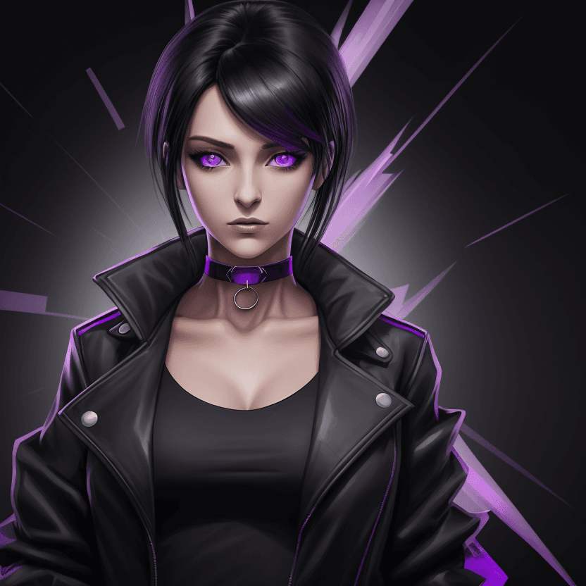 AI generated: digital artwork of a female character with black hair and purple eyes, wearing a black jacket with a...