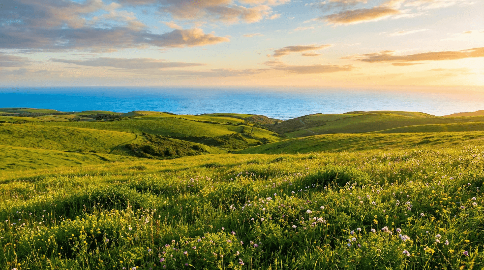 AI generated: Scenic, nature, Hills and green fields with the ocean in the distant background