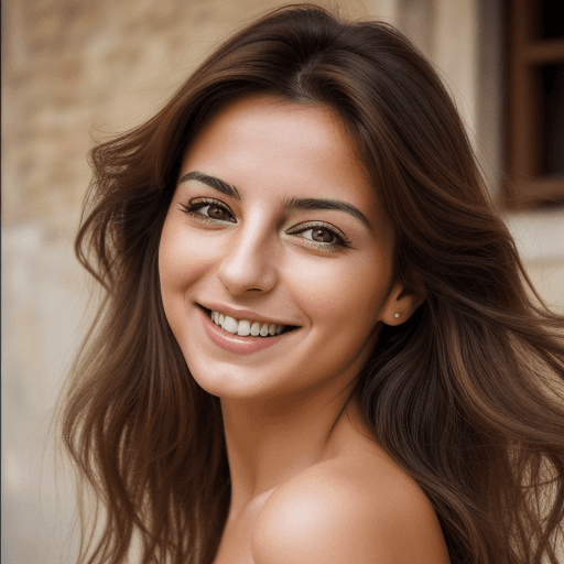 AI generated: High resolution photography of a dreamy and smiling italian woman 30 years old she is the perfect sy...