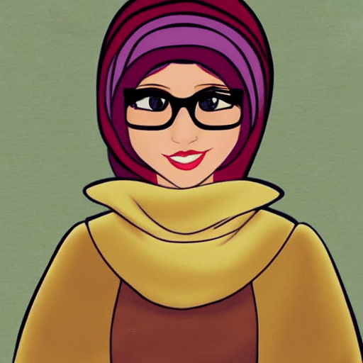 AI generated: Disney princess in hijab, Animated, gold glasses 