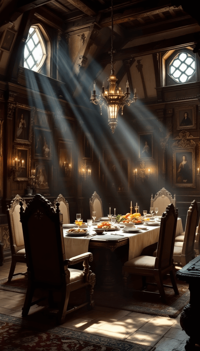 AI generated: photo of a dining room in an old big castle, wooden details, castle style dining table with big thro...