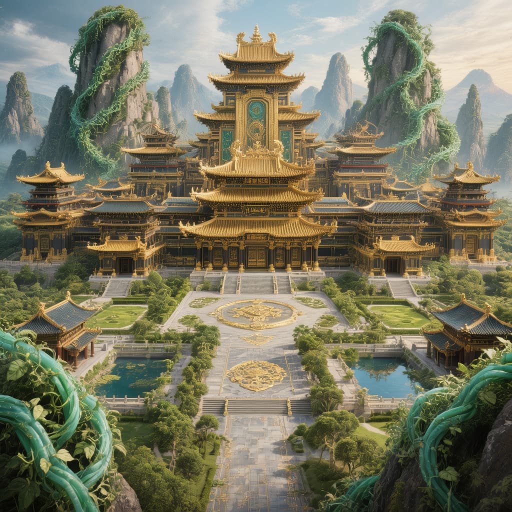 AI generated: Create a massive Chinese style Palace colored Gold and Black with hints of Teal with seven large sep...
