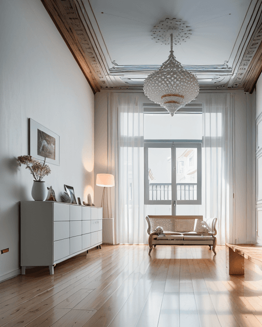 AI generated: High resolution photography of the interior of apartments with wooden floor finishes and white paint...