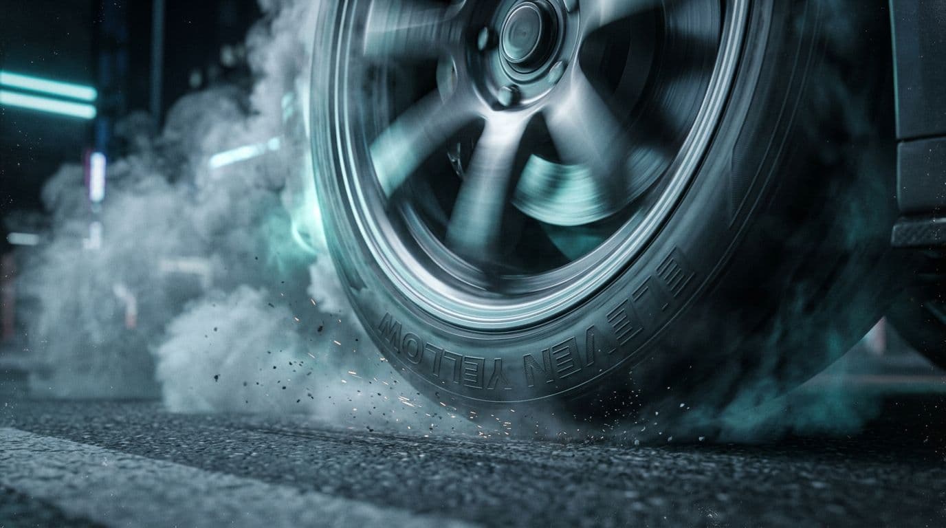 AI generated: cinematic close-up of a high performance racing tire spinning at extreme speed, dramatic burnout, th...