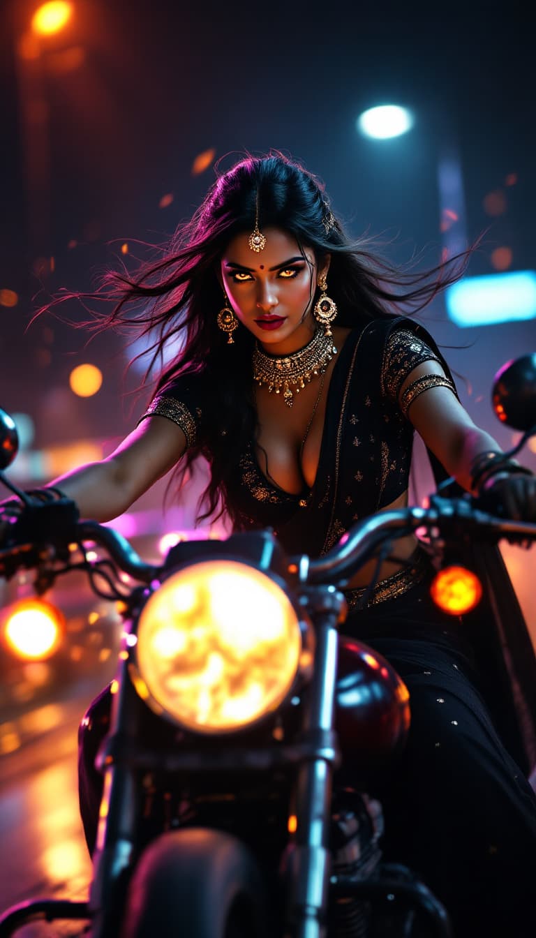 AI generated: Beautifull Indian Wearing Balck sari, Huge xl Breast, riding heavy powerful motorbike, chasing polic...