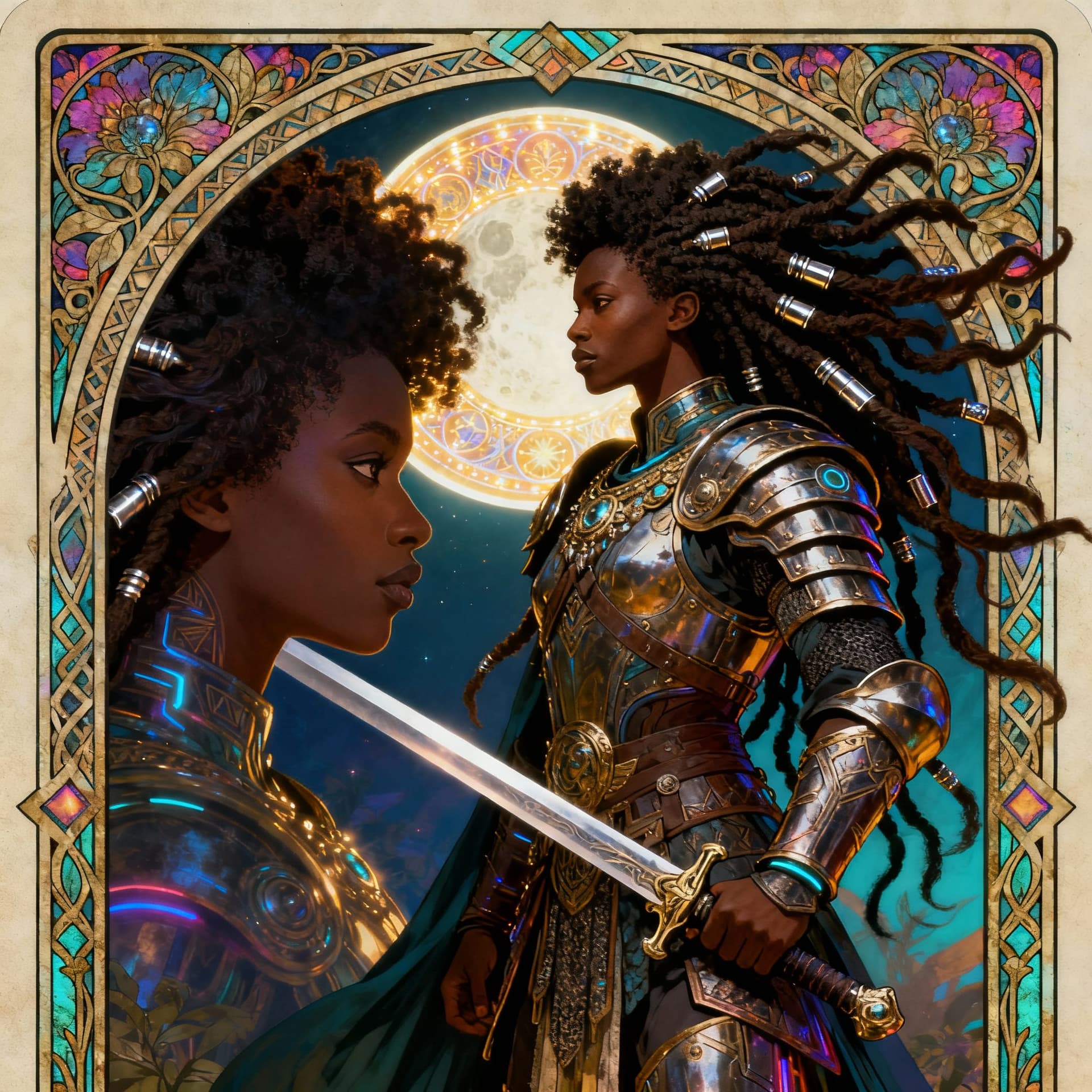 AI generated:  tarot card with intricate detailed frame around the outside |side profile of  head with flowing Afr...