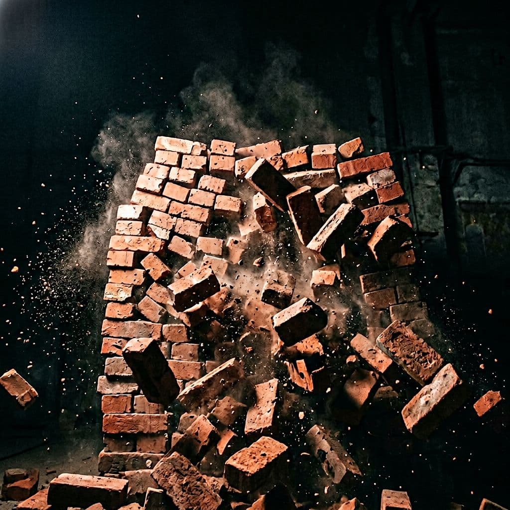 AI generated: A powerful, high-contrast commercial photograph of a collapsing pile of red clay bricks, captured mi...