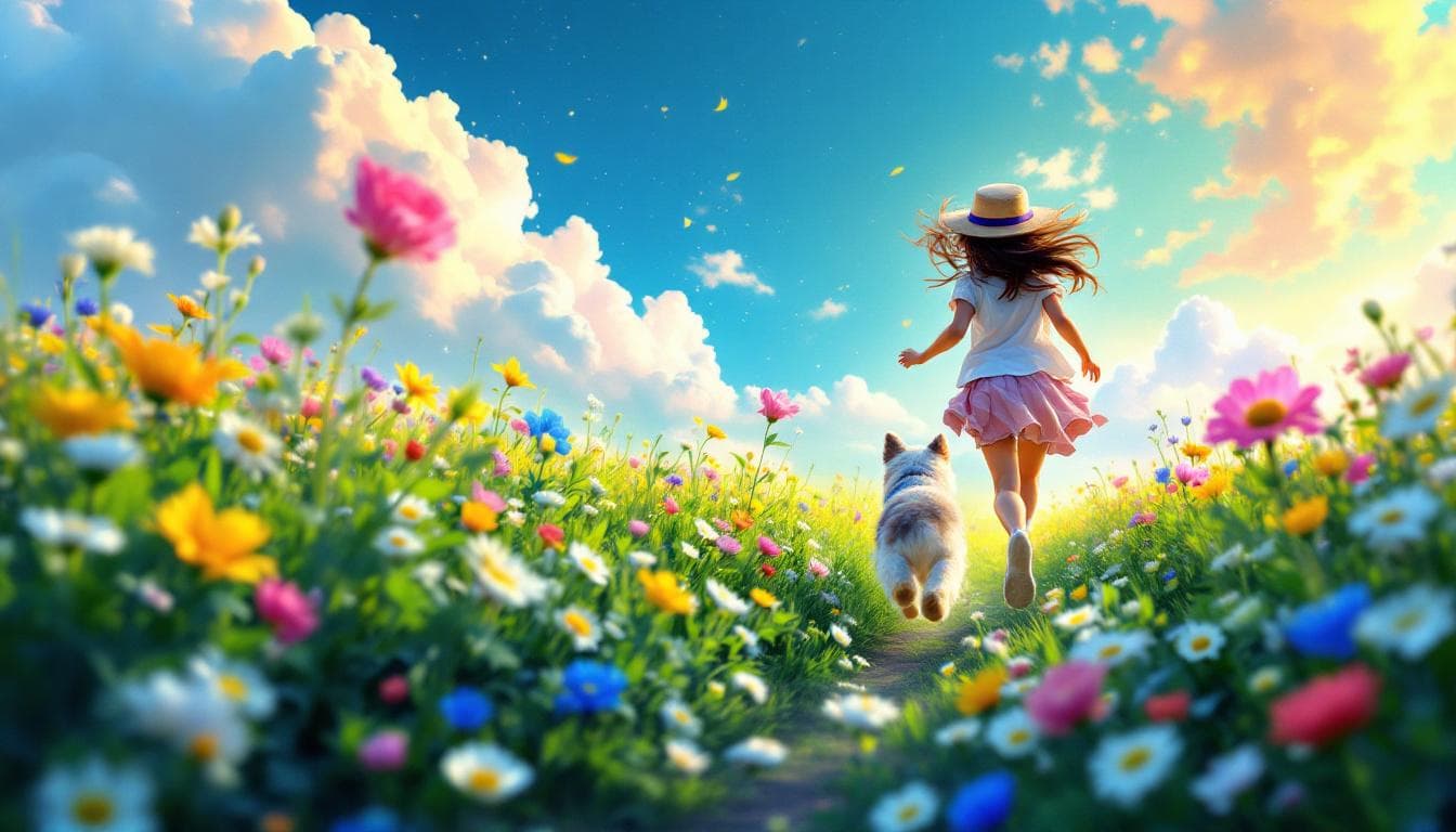 AI generated: a field of flowers and a beautiful girl is running in it while her dog trails behind her