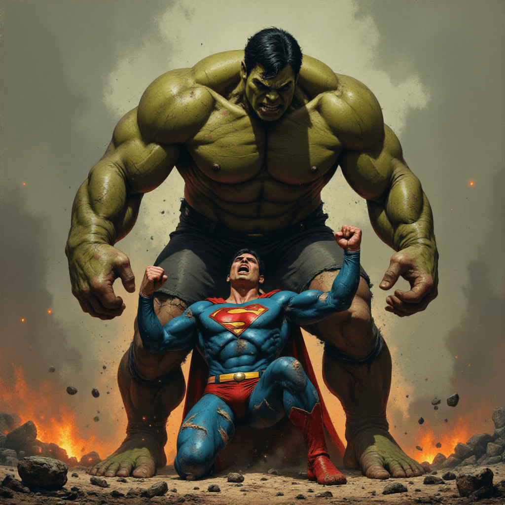 AI generated: ((gritty, hyperrealistic painting:1.5)), ((Hulk and Superman locked in a brutal power struggle:1.5))...