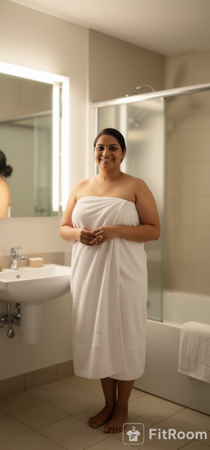 AI generated: A young woman in towels in a domestic bathroom, with soft natural lighting.