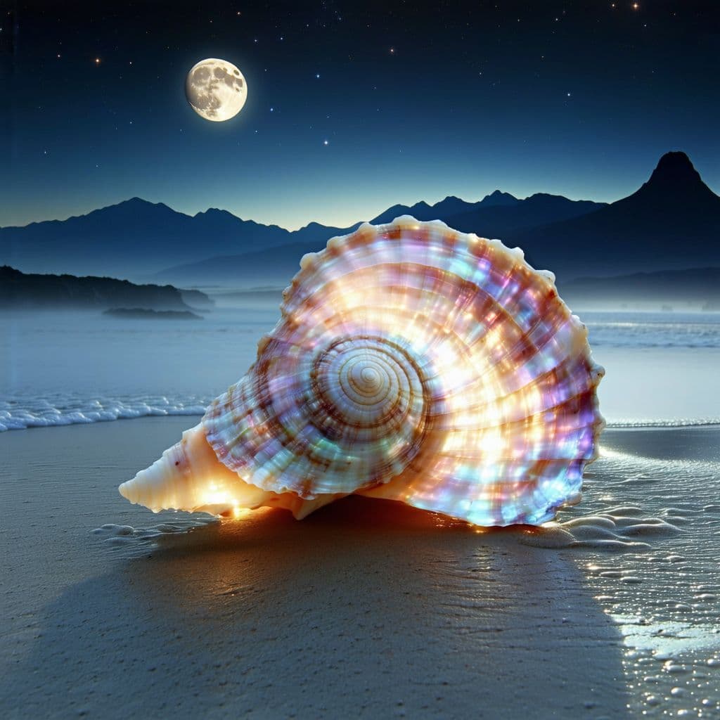AI generated:  Glowing, iridescent mother-of-pearl seashell, luminous with an ethereal softness, lies on a misty, ...