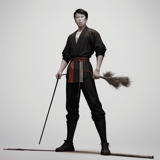 AI generated: A young man stands tall and strong like Jet Li and Jackie Chan mythology, The position of the stick ...