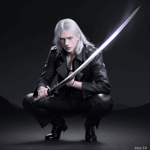 AI generated: Male, blue eyes, pale skin, medium silver hair, black pants, black shoes, black trench coat, purple ...